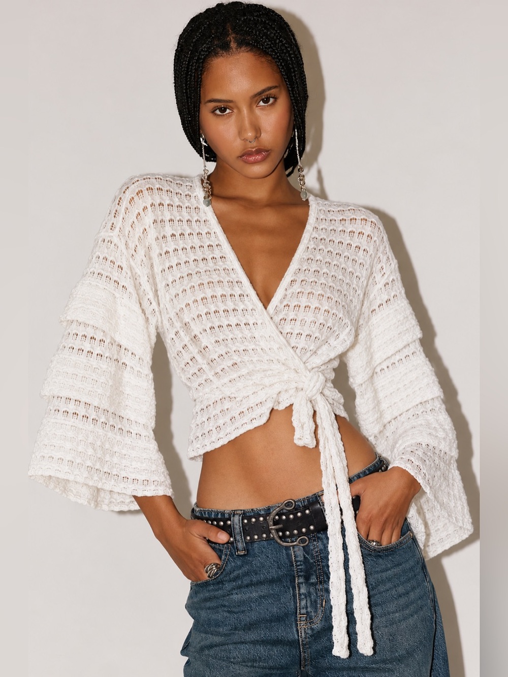 Free People White Crochet Wrap Open Knit Top Tiered Sleeve S/P